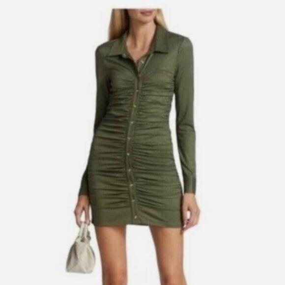 Veronica Beard Davila Ruched Button-Front Mini Dress Stone Army - Picture 2 of 6